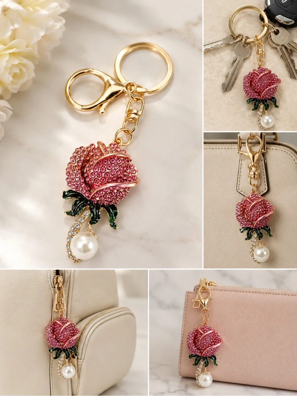 Pink Crystal Rose Gold Keychain with Pearl Charm